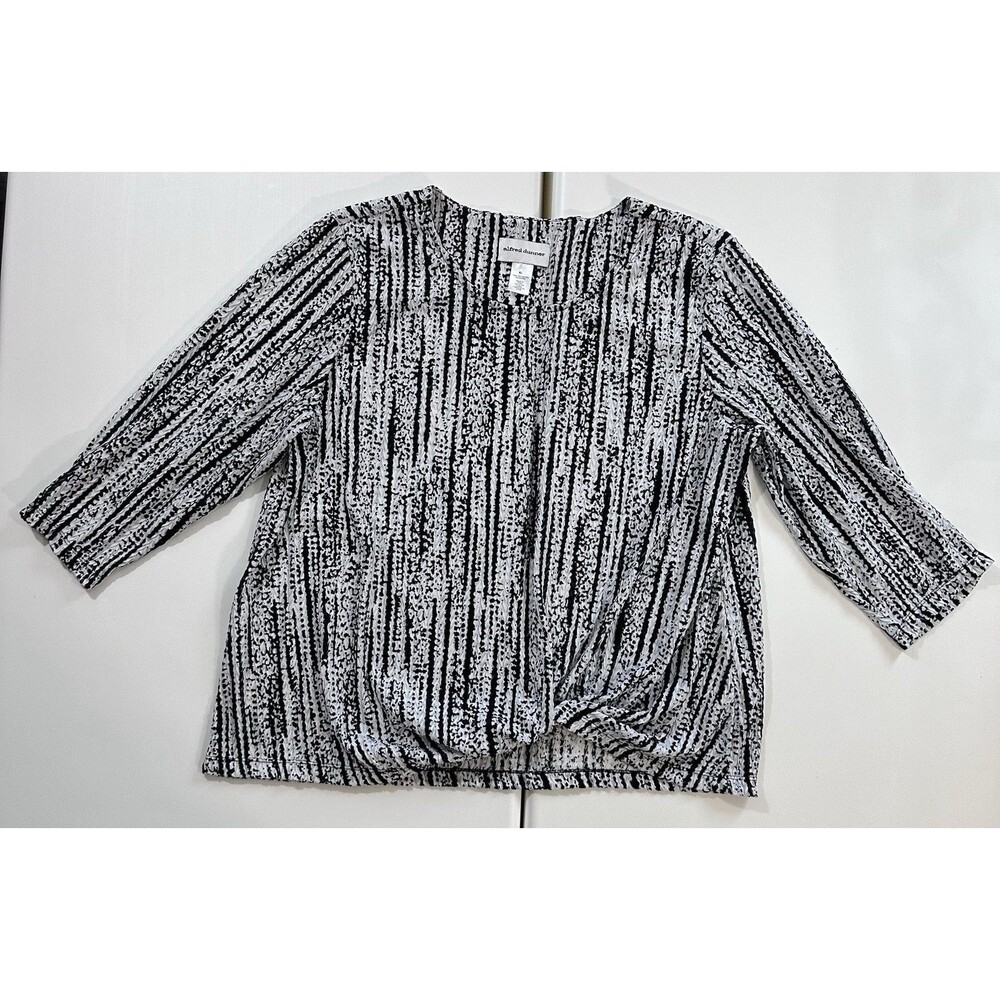 Alfred Dunner XL Textured Crinkle Blouse Black White Stretch 3/4 Sleeve